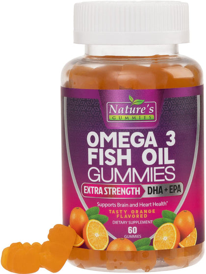 Omega 3 Fish Oil Gummies, Extra Strength Omega Fish Oil Supplement, High Absorption for Joint, Heart & Brain Support, Nature's Heart Healthy Omega 3s DHA EPA Gummy Vitamin, Orange Flavor - 60 Gummies