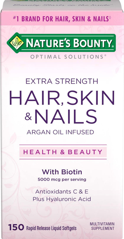 Nature's Bounty Optimal Solutions Hair Skin & Nails Extra Strength Softgels, 150 Count (Pack of 1) Package may vary