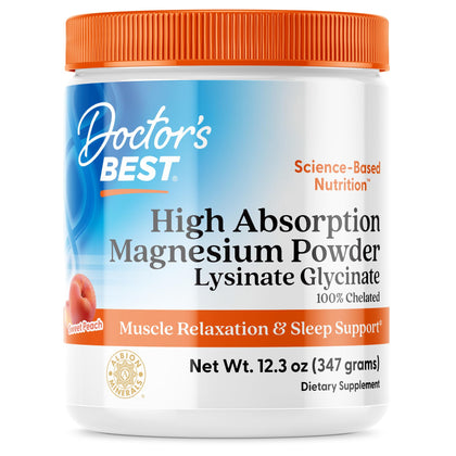 Doctor's Best High Absorption Magnesium Powder (Peach Flavored) 100% Chelated TRACCS, Not Buffered, Headaches, Muscle, Vegan, Peach Flavor, 12.3 Ounce (Pack of 1)