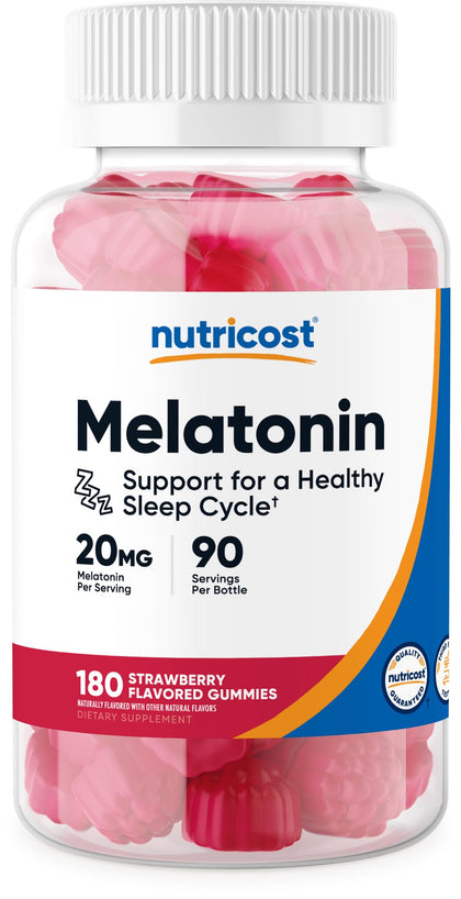 Nutricost Melatonin 20mg, 180 Gummies (90 Servings), Strawberry Flavored - Gluten Free, Non-GMO, No Corn Syrup