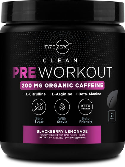 Type Zero Clean Pre Workout (11.3 oz | Blackberry Lemonade) + Beet Root + L-Arginine + L-Citrulline - 2G Arginine, L-Citrulline Malate, Sugar Free, Organic Caffeine Preworkout