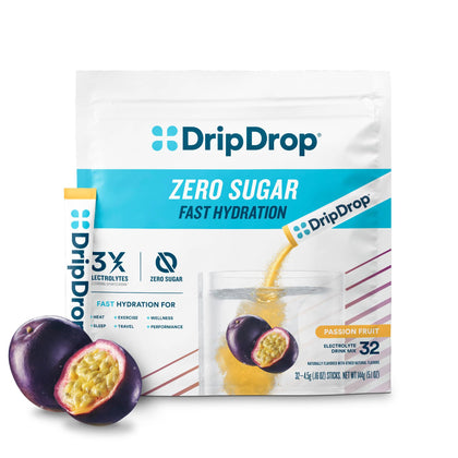 DripDrop Hydration - Zero Sugar Passion Fruit - Electrolyte Drink Mix Single Serve Hydration Powder Packets | Keto & Paleo Friendly | Non-GMO, Gluten Free, Vegan | 32 Sticks