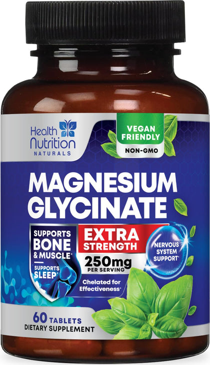 Magnesium Glycinate 250 mg - Natural, High Absorption Magnesium Tablets Chelated for Muscle, Nerve, Bone & Heart Health Support - Gentle Form, Non-GMO, Gluten Free, Vegan Supplement - 60 Tablets