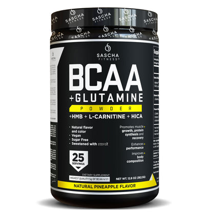 SASCHA FITNESS BCAA 4:1:1 + Glutamine,HMB,L-Carnitine, HICA | Powerful and Instant Powder Blend with Branched Chain Amino Acids (BCAAs) for Pre, Intra and Post-Workout|Natural Pineapple Flavor,362.5g