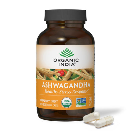 ORGANIC INDIA Ashwagandha Capsules - Organic Ashwagandha Supplement - Vegan Ashwagandha Root, Gluten-Free, Kosher, Non-GMO, Supports Stress Relief, Energy, and Sleep - 180 Capsules