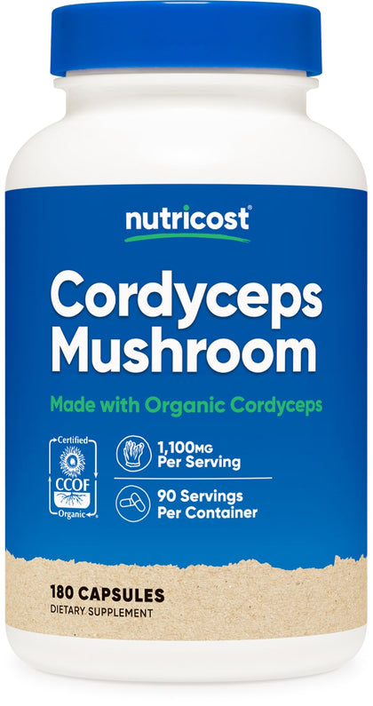 Nutricost Cordyceps Mushroom Capsules 1100mg, 90 Serv - CCOF Certified Made with Organic, Gluten Free, 550mg Per Capsule (180 Capsules)