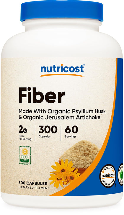 Nutricost Fiber Capsules with Prebiotic Fiber Supplement 300 Capsules - Made with Organic Psyllium Husk & Organic Jerusalem Artichoke, 60 Servings, Gluten Free, 2 G Per Serving