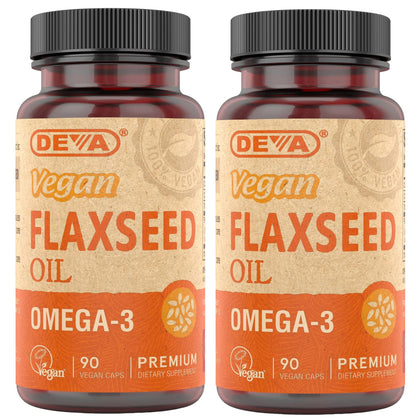 DEVA Organic Vegan Vitamins Flax Seed Oil - Rich in Omega-3, Cold-Pressed & Unrefined - 90 Capsules, 2-Pack