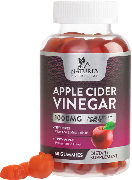 Nature's Nutrition Apple Vinegar Gummy for Weight Loss 1000mg - Vegan Apple Cider Vinegar Gummies for Detox & Cleanse, ACV Supplement Pills, Vitamin B12, Beetroot & Pomegranate, Non-GMO - 60 Gummies