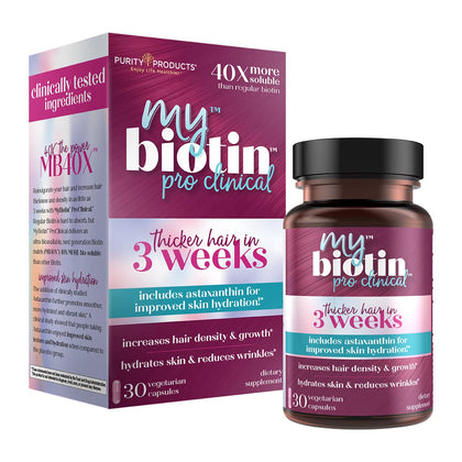 Purity Products MyBiotin ProClinical - Thicker Hair in 3 Weeks & Fights Wrinkles - MB40X Patented Biotin Matrix w/Astaxanthin 40X More Soluble vs Ordinary Hair, Skin Nails 30 Veg Caps