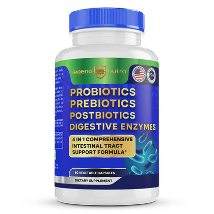 Legend Nutra Probiotics Prebiotics Postbiotics Digestive Enzymes 4 in 1 Formula 60 Count (Pack of 1)