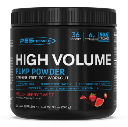 PEScience High Volume Nitric Oxide Booster Pre Workout Powder with L Arginine Nitrate, Melon Berry, 36 Scoops, Caffeine Free