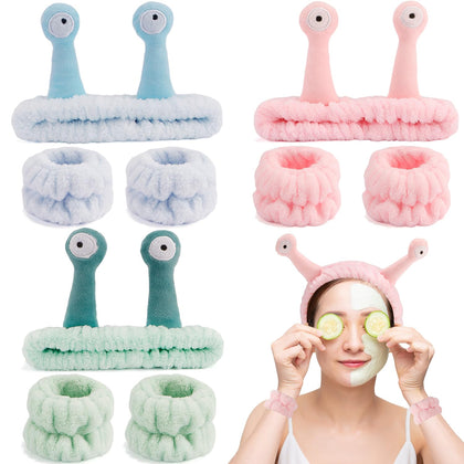 SuPoo 9 Pcs Skincare Headbands Snail Spa Headband and Wristband Set Alien Headband Pink Face Wash Wristbands Cute Makeup Headband Hair Band for Washing Face Wrap Head Towel Wrist Towels for Shower