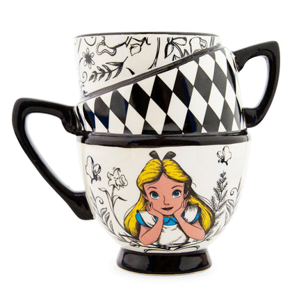 Disney Alice in Wonderland Monochrome Stacked Teacups Sculpted Ceramic Mug | BPA-Free Large Coffee Cup For Espresso, Cocoa, Tea