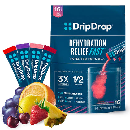 DripDrop Hydration Juicy Variety Pack - Electrolyte Drink Mix Single-Serve Powder Packets - Grape, Fruit Punch, Strawberry Lemonade, Cherry - 16 Servings