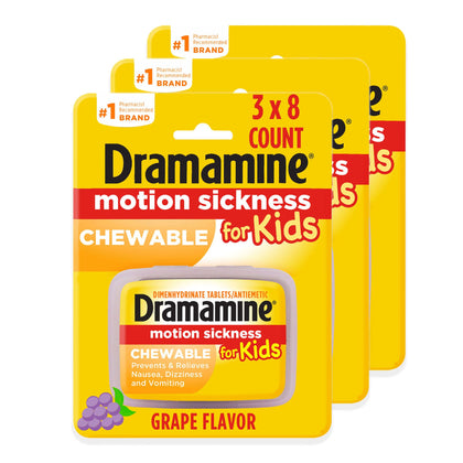 Dramamine Kids Chewable, Motion Sickness Relief, Grape Flavor, 8 Count, 3 Pack