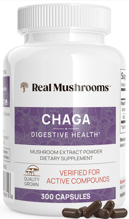 Real Mushrooms Chaga Capsules - Organic Mushroom Supplement with Chaga Extract - Chaga Mushroom Powder for Digestion, Energy, & Immune Support - Vegan Mushroom Extract, Non-GMO, 300 Caps