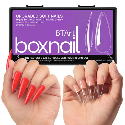 Soft Gel Nail Tips - BTArtbox 500pcs Soak Off Stiletto Nails, No Crack, No Trace Full Cover Nail Tips, Supremely Fit Clear Fake Nails for Nail Salons and DIY Nail Art, 10 Sizes