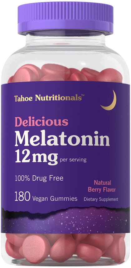 Carlyle Melatonin Gummies 12mg | 180 Count | Berry Flavor | Drug Free Supplement | Vegan, Non-GMO, Gluten Free | Tahoe Nutritionals