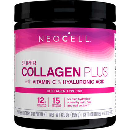 NeoCell Super Collagen Plus With Vitamin C and Hyaluronic Acid, For Skin Hydration and Healthy Skin, Hair and Nails Support, Unflavored, Collagen Powder, 6.9 oz., 1 Canister