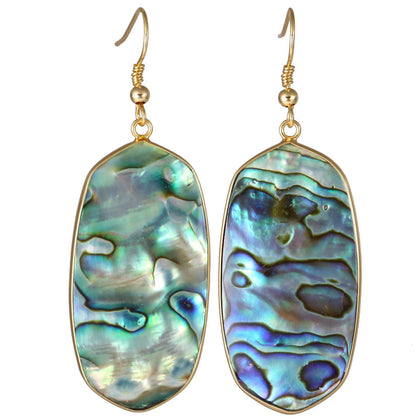 tumbeelluwa crystal quartz stone dangle hook earrings oval gold plated, abalone shell