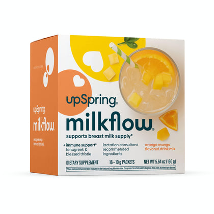 UpSpring Milkflow Immune Support Breastfeeding Supplement Drink Mix with Fenugreek | Orange Mango Flavor | Lactation Supplement to Support Breast Milk Supply | 16 Drink Mixes