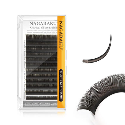 NAGARAKU Double Tips Flat Ellipse Eyelash Extensions Supplies 0.20 C curl 8-15mm Mix Natural Charcoal Color Faux Mink Super Soft Split Tips Individual Lashes