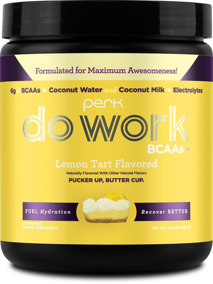 Perk BCAAs + Hydration Electrolytes Powder (Lemon Tart Flavored, 20 Servings) - with Coconut Water and Coconut Milk