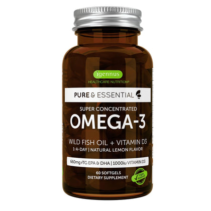 Pure & Essential Omega-3 & D3 1000iu, Fast-Acting rTG, Support Eyes, Heart & Brain Function, 1-a-Day, Highly Concentrated EPA & DHA Wild Fish Oil, Non-GMO, 60 Softgels