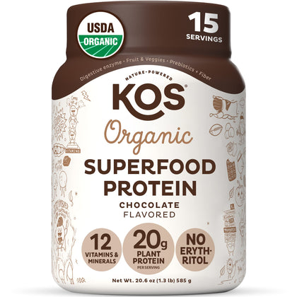 KOS Plant Based Protein Powder, Chocolate USDA Organic - Low Carb Pea Protein Blend, Vegan Superfood with Vitamins & Minerals - Keto, Soy, Dairy Free - Meal Replacement for Women & Men - 15 Servings