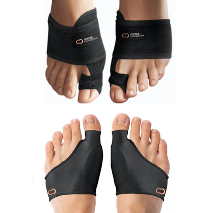 Copper Compression Bunion Relief Kit - Includes 1 Pair Each of Bunion Corrector Cushion Sleeves & Bunion Corrector Toe Splints - Pads & Straightens Bunions, Feet for Men & Women - Small/Medium