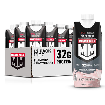 Muscle Milk Pro Advanced Nutrition Protein Shake, Slammin' Strawberry, 11 Fl Oz Carton, 12 Pack, 32g Protein, 1g Sugar, 16 Vitamins & Minerals, 5g Fiber, Workout Recovery, Bottle, Packaging May Vary