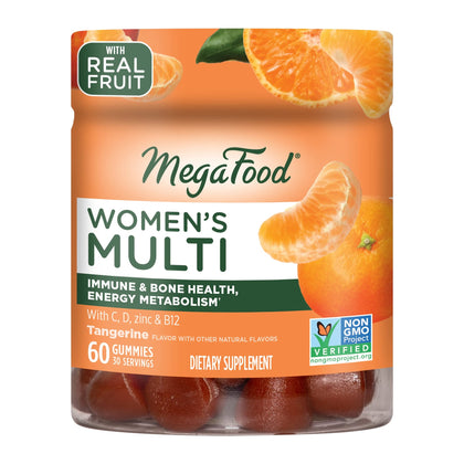 MegaFood Women's Multi - Multivitamin for Women - Gummy Vitamins - Vitamin C, Vitamin D, Zinc, Vitamin B12 & Choline - Immune Support & Bone Health - Tangerine - 60 Gummies (30 Servings)