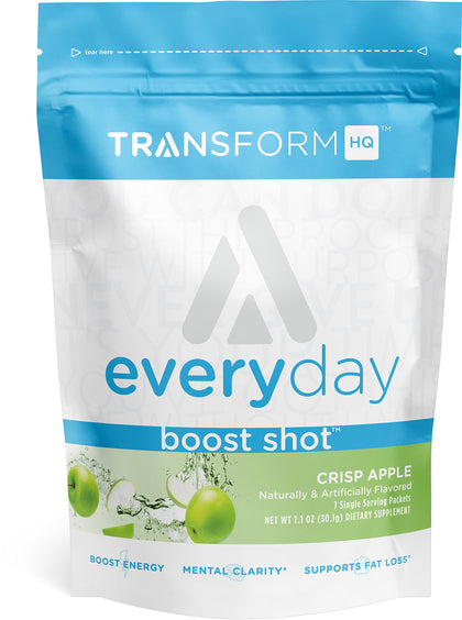 TransformHQ Boost Shot Powder Drink Stick Packets, Crisp Apple, 7 Pack, Energy Supplements for Women & Men, with Caffeine, Vitamin B12, B9, B6 & B3