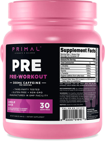 Primal Pre-Workout (30 Servings) (Grapefruit Flavored) - Gluten Free & Non-GMO