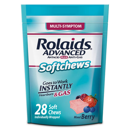 Rolaids Advanced Antacid Plus Anti-Gas Softchews, 28 Count, Mixed Berry, Heartburn and Gas Relief