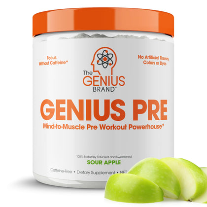 Genius Pre Workout Powder, Sour Apple - All-Natural Nootropic Pre-Workout & Caffeine-Free Nitric Oxide Booster Supplement with Beta Alanine & Alpha GPC - No Artificial Flavors, Sweeteners, or Dyes