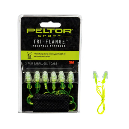 Peltor Sport Tri-Flange Corded Reusable Earplugs, 3 Pair, Noise Reduction Rating (NRR) 26 dB, Comfortable Fit, Ideal For Range, Shooting & Hunting, Washable and Corded, Neon Yellow (97317-10C)