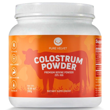 Pure Velvet Colostrum Powder for Gut Health, Bloating, Hair Growth, Immune Support, Bovine Cow Sourced Colostrum Protein, Lactoferrin Supplement, Contains Dairy with Immunoglobulins (IgG) (10 Ounce)