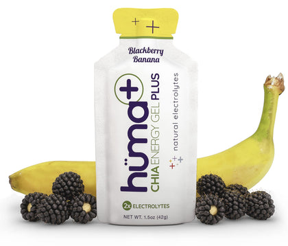 Huma Plus (Double Electrolytes) - Chia Energy Gel, BlackBerry Banana, 12 Gels - Stomach Friendly, Real Food Energy Gels