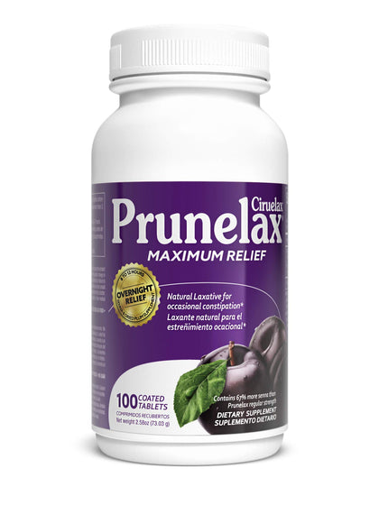 Prunelax Ciruelax Maximum Relief Laxative Tablets with Natural Senna for Occasional Constipation, Senna Extract, Vegan & Gluten-Free, Gentle Overnight Relief - 100ct