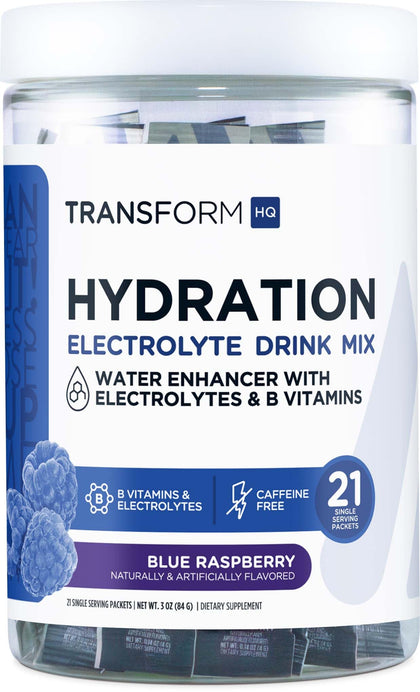 TransformHQ Hydration Drink Mix (21 Single-Serving Packets, Blue Raspberry) - Hydration Supplement Blend with Vitamins and Electrolytes