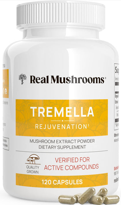 Real Mushrooms Tremella Mushroom Extract (120 ct) Mushroom Blend for Immune Support, Brain, and Skin - Vegan, Non-GMO, Organic Mushroom Supplements for Humans - Immune Support Supplement