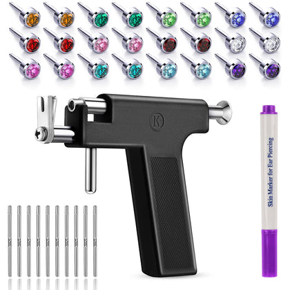 EOKOW Ear Piercing Gun Kit Reusable Ear Percinging Tool Professional Body Nose Lip Earrings Set With Stainless Steel Studs Silver Sticks For Salon Home Use