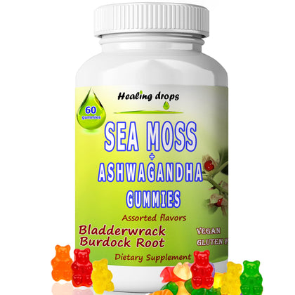 Sea Moss Gummies Ashwagandha with Bladderwrack Burdock Root, Alkaline Keto Vegan Non-GMO Diet, Dairy and Gluten Free - by Healing Drops