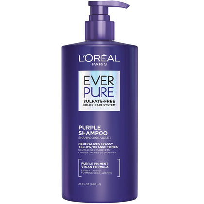 LOreal Paris Sulfate Free Brass Toning Purple Shampoo for Blonde, Bleached, Silver, or Brown Highlighted Hair, EverPure, 23 Fl Oz (Packaging May Vary)