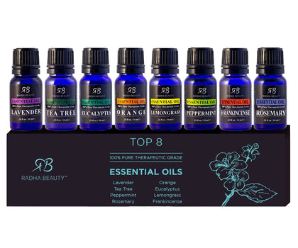 Essential Oil Set - Aromatherapy for Diffusers, Massage. Candle Making, Soaps, Bath Bombs. Top 8-10mL Oils: Lavender, Peppermint, Lemongrass, Tea Tree, Orange, Eucalyptus, Rosemary and Frankincense.