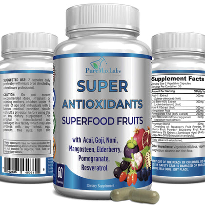 Super Antioxidant Fruit Superfood Complex - Powerful Antioxidant Superfruits, Acai, Goji, Noni, Mangosteen, Pomegranate, Elderberry, Resveratrol, Immune Support, Skin Care - 60 Capsules