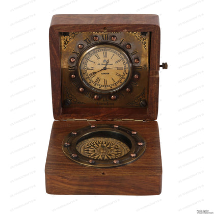 US HANDICRAFTS Nautical Handmade Authentic Brass Clock Compass in Rose Wood Box, Replica of Vintage Product Best Gift for Your Love one