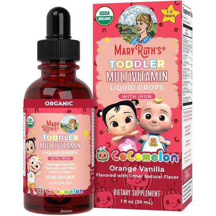 MaryRuth Organics CoComelon Toddler Kids Multivitamin with Iron | Immune Support | Toddler Vitamins | USDA Organic | Sugar Free | Multivitamin Liquid Drops for Kids Ages 1-3 | Vegan | 1 Fl Oz